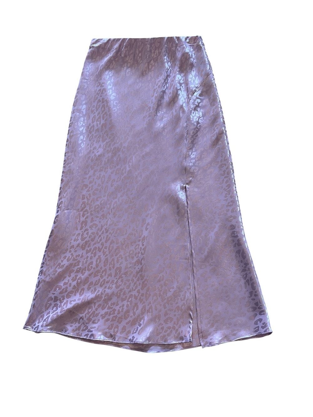 Francesca’s Lavender Purple Satin-Like Leopard Print Midi Skirt- S